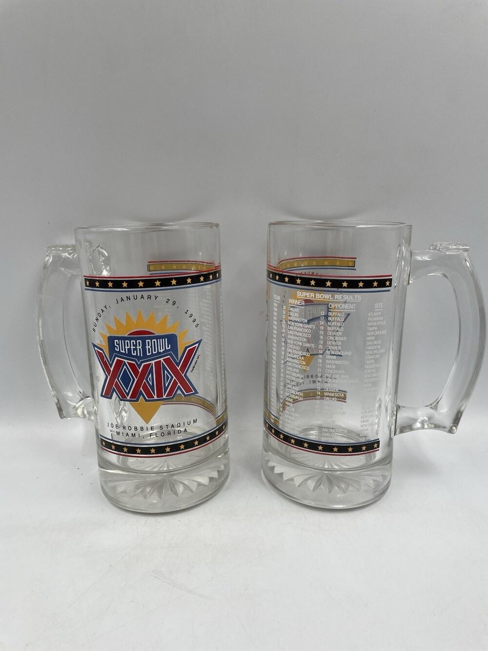 Vintage 1995 NFL Super Bowl XXIX Handled Glass Beer Mug Set of 2 - 5 1/2" Tall